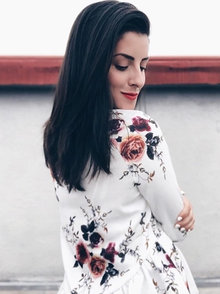 Dotfashion Блузка-туника с рукавом реглан и оборками с глубоким подолом, белый топ с круглым вырезом и цветочным принтом, женская блузка с длинным рукавом