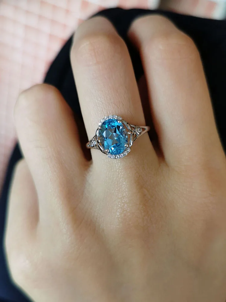 Natural Blue Topaz Solitaire 925 Sterling Silver adjustable Ring for Women Ring Silver 925 Gemstones Jewelry Christmas gift