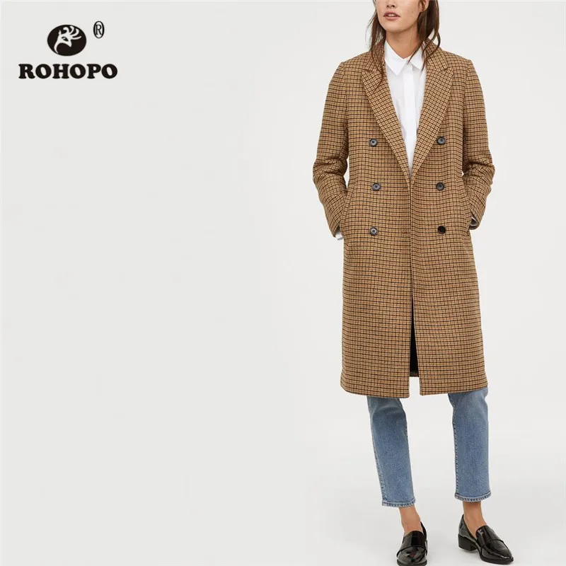 

ROHOPO Double Breast Buttons Plaid Notched Collar Knee Length Blend Coat Thin Striped Autumn Asymmetric Straight Overcoat #9297