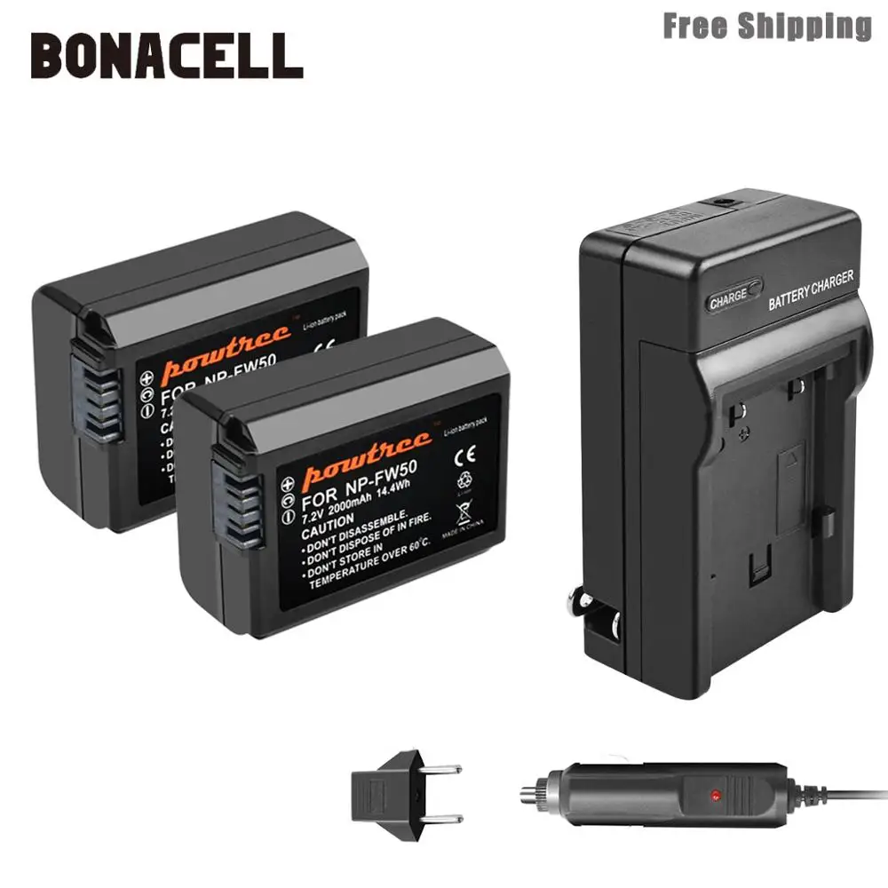 Bonacell 2000mah NP-FW50 NP FW50 Battery+Charger AKKU For Sony NEX-7 NEX-5N NEX-5R NEX-F3 NEX-3D Alpha a5000 a6000 DSC-RX10 L50