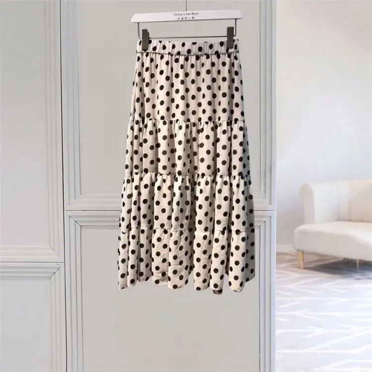 

White Polka Dot Skirt 2019 Spring And Summer High Waist A- line Chiffon Maxi Dress Debutante 910312803