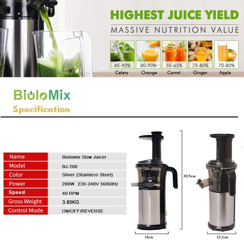 BPA FREE, 300 Вт, 40 об/мин, мастицирующая медленная соковыжималка, низкоскоростная шнековая соковыжималка для фруктов, овощей, холодного отжима, соковыжималка для фруктов из нержавеющей стали