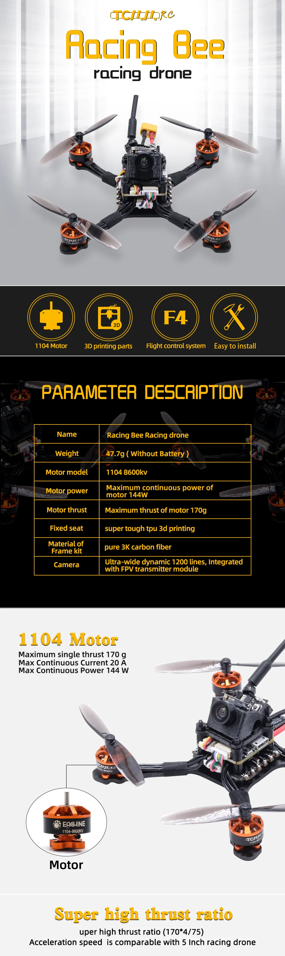 Tcmm 2.5 Inch Fpv Racing Drone, Racing Bee rocing drone TtjDS 30 F4 1104 Motor 3D printing