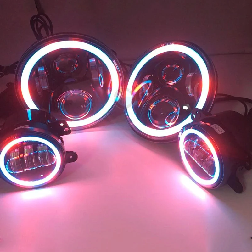 Для Jeep Wrangler JK " RGB светодиодный фары+ 4" Противотуманные фары управление Bluetooth огни Управление светодиодный Halo Кольцо Многоцветный