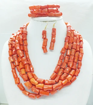 

5 strands, orange coral necklace, African bridal wedding necklace. Bracelet, earrings Jewelry Set
