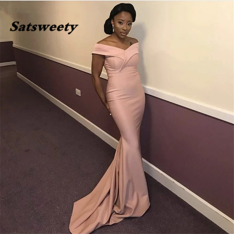 

Blush Pink Bridesmaid Dresses With Zipper Back African Off The Shoulder Floor Length Mermaid Satin Wedding Party Prom Dresses
