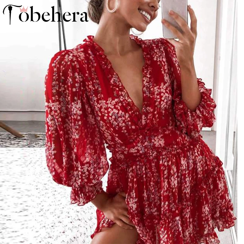 

Glamaker Print ruffle sexy red dress Women autumn party short elegant dress Winter lantern sleeve v neck bodycon dress pleated