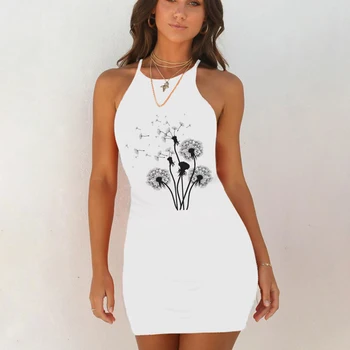 

Retro Cartoon Dandelion Print Summer Bodycon Dress Women Sling Vogue Sleeveless Mini Short Party Dress Sunflower Vestido Jurk