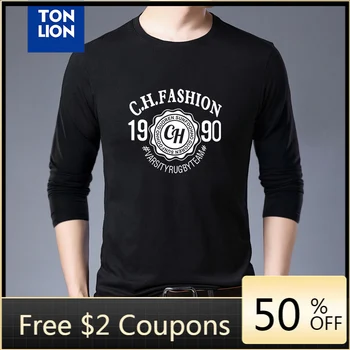 

Tonlion Men's O-neck 1900 Printed Solid Color Workout Long Sleeve T Shirts Men Funny T Shirts Boyfriend Gift