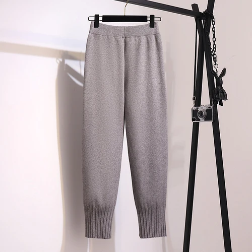 Fp1986 новая на осень-зиму Женская мода Повседневная Популярная длинные штаны больших размеров Большие размеры вязаная, шерстяная, тёплая harajuku в Корейском стиле - Цвет: Серый
