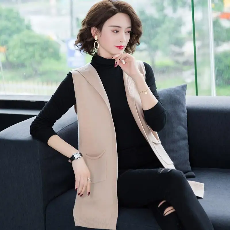 Winter New Loose Plus Size Long Vest Women Fashion Hooded Sweater Vest Casual High Quality Cashmere Knitted Sleeveless Coat