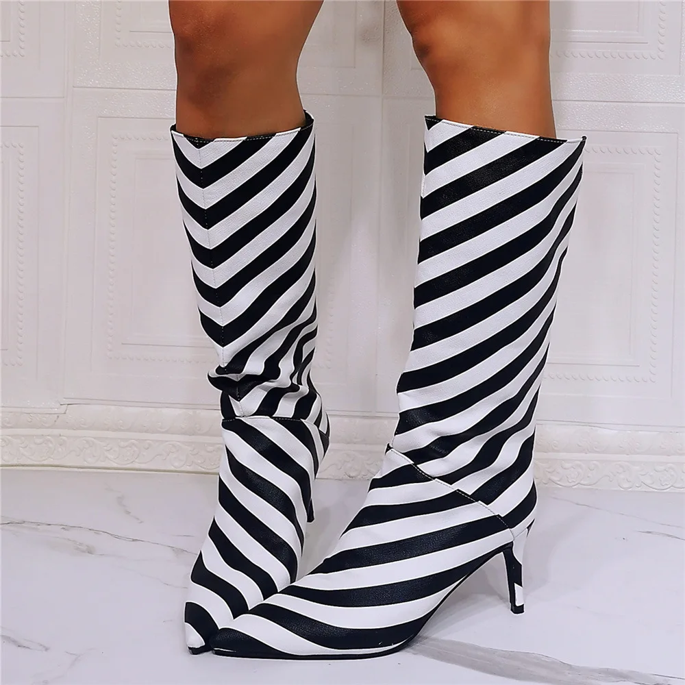 Kolnoo New Arrival Handmade Ladies Mid Calf Boots Zebra Style Pointed-toe Party Prom Half Boots Sexy Evening Club Fashion Shoes