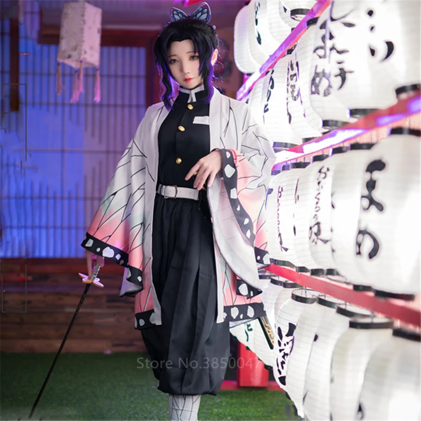 

Japanese Anime Demon Slayer Kimetsu no Yaiba Kochou Shinobu Cosplay Costume Women Kimono Halloween Carnival Party costume Wig