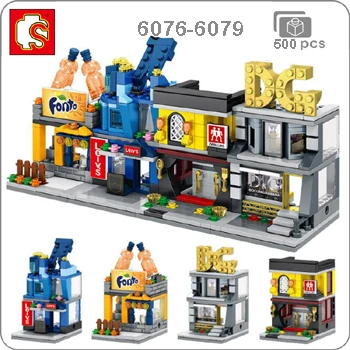 Sembo Mini City Street, кофейная пицца, хижина, магазин, ресторан, Китай, городской набор, 3D модель, блоки, строительные игрушки для детей, без коробки - Цвет: 6076-6079