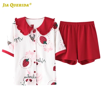 

Homeclothes Sleepwear Casual Fashion Style Turn Down Collar Strawberry Printing Short Sleeve Short Pants Pajamas Set Homesuit
