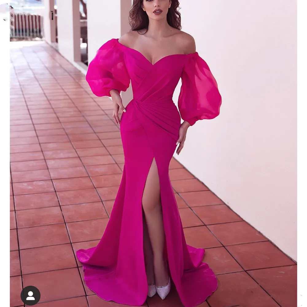 

Abendkleider Formal Party Prom Dress Fuchsia Dubai Long Sleeve Mermaid Evening Gowns Elegant Slit Muslim Evening Dresses 2020