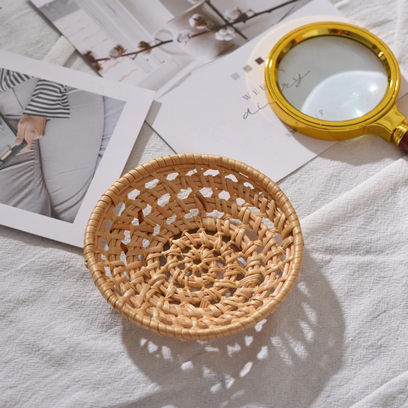 Rattan Storage Tray Round Oval Basket Hand-Woven Wicker  Tray Bread Basket Fruit Food Breakfast Display Plate Kitchen Tools 4