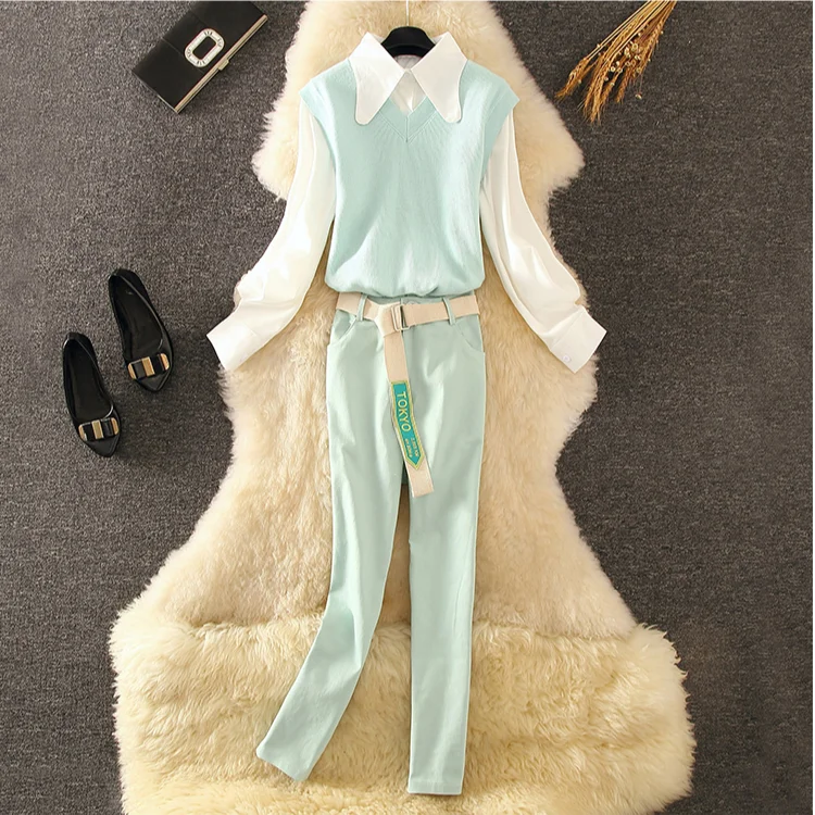 

Plus Size XXL Autumn Winter Knitted Tank Tops+Single Breasted Shirts+Elastic High Waist Pants Women Office Work 3 Pieces Sets