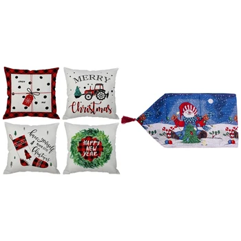 

1 Pcs Christmas Table Cover Cloth Festive Decor & 4 Pcs Merry Christmas Decorative Pillow Case 18 X 18 Inch
