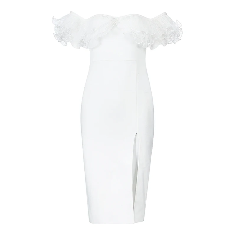 Gosexy осеннее Новое модное белое платье-футляр Vestidos женское сексуальное кружевное платье миди с оборками и открытыми плечами