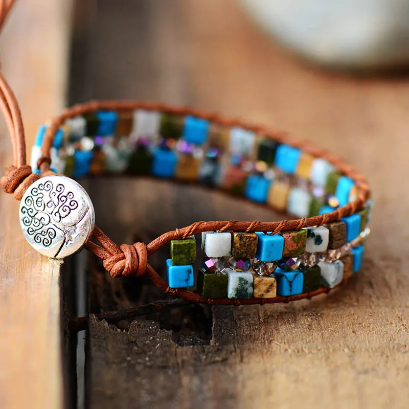 Женский плетеный браслет с бусинами из натуральных камней|leather wrap|leather wrap braceletwrap