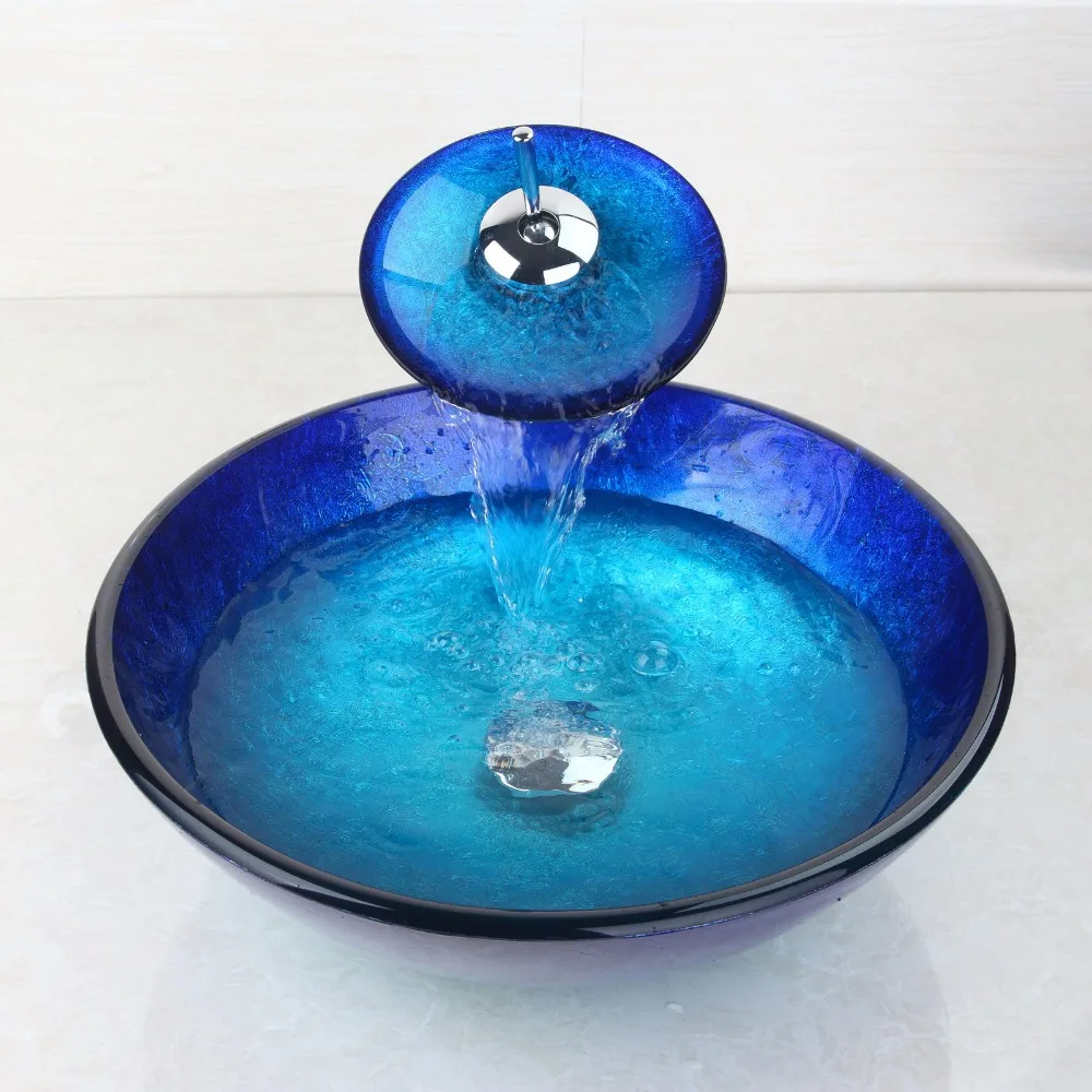 ZAPPO Bule Tempered Glass Bathroom Vessel Sink Bowl Sink for Bathroom with Faucet Tap Combo Deck Mounted Basin Sinks 6