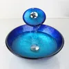 ZAPPO Bule Tempered Glass Bathroom Vessel Sink Bowl Sink for Bathroom with Faucet Tap Combo Deck Mounted Basin Sinks 6