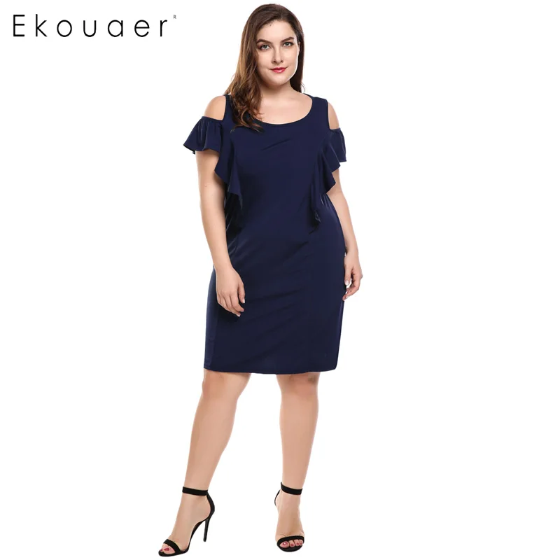 Ekouaer Summer Dreesses Women Plus Size Cold Shoulder Ruffles Sleeve Solid Shift Knee Length Dress L-4XL Sizes | Женская одежда