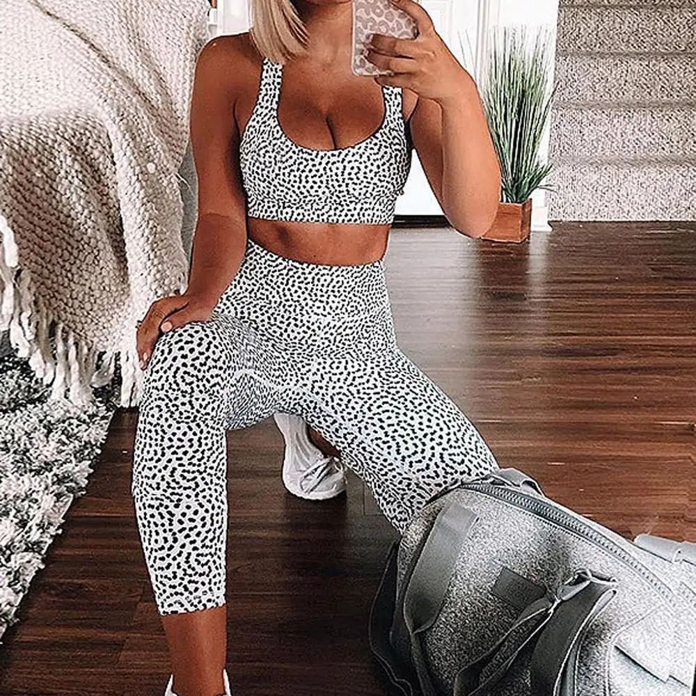 

New Women 2 Piece Yoga Set Leopard Print Bra+Long Pants Sports suit gym Fitness Suit vest+tight legging Sport sets Sportswear