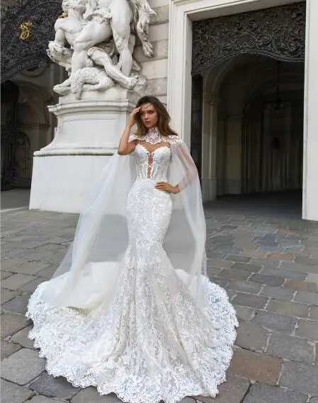 Модное кружевное свадебное платье русалки Vestido de noiva Lebanon, женское свадебное платье с шалью, длинным шлейфом - Цвет: same as picture