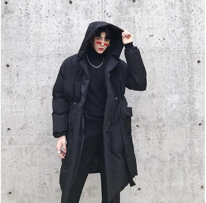 M-xl! Зимний стиль, дизайн талии, мужское длинное пальто с капюшоном, хлопковое пальто, темно-черное дизайнерское молодежное пальто-плащ