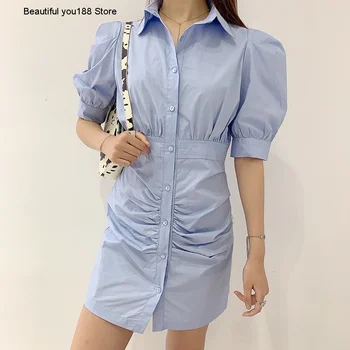 

wrapped 2020 Summer French sexy pleated feminine blue lapel shirt dress short skirt