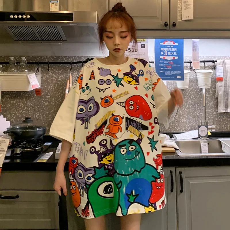 

Fashion Personality Doodle Cartoon Print Large Size Top Sweet Style Round Neck Short-sleeved Women's Tee O-Neck Long Clothing