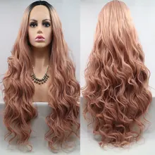 Черные корни Омбре золотой розовый синтетический парик на кружеве 150% плотность тела волна Термостойкое волокно средний пробор для женщин