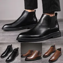 Мужские кожаные зимние ботинки модные ковбойские зимние ботинки без шнуровки Повседневная Удобная Обувь на низком каблуке теплая обувь с высоким берцем Zapat
