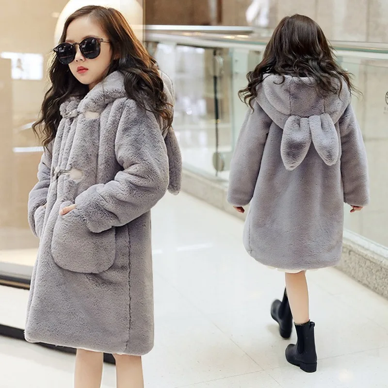 Baby Girl Clothes Winter Cartoon Thick Children Parka For Girls Faux Fur Fleece Ear Hooded Coats Down Jacket For Girls - Цвет: gray