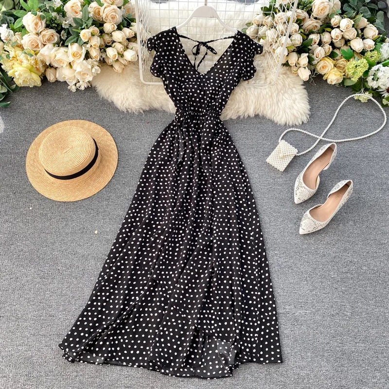 SINGRAIN Women Irregular Polka Dot Long Dress V Neck Chiffon Ruffle Sleeve Boho Midi Long Dress Summer A-line Beach Dress 2020