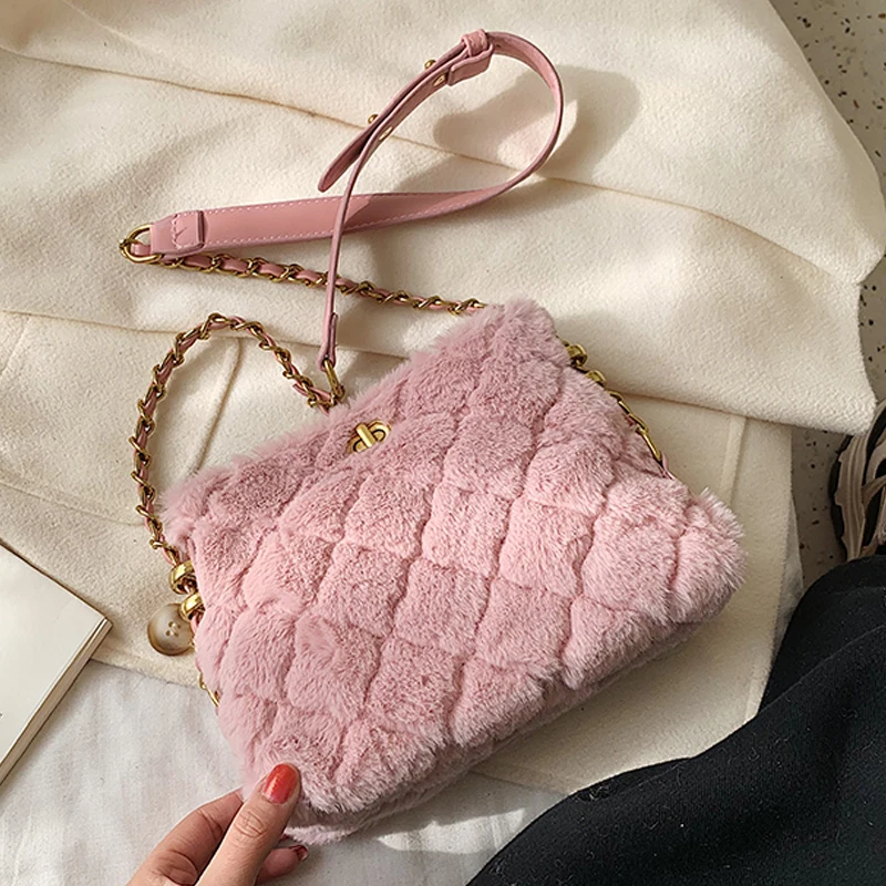 

MONNET CAUTHY Winter New Female Bags Sweet Fashion Plush Soft Crossbody Bag Solid Color Pink Khaki Black White Practical Flap