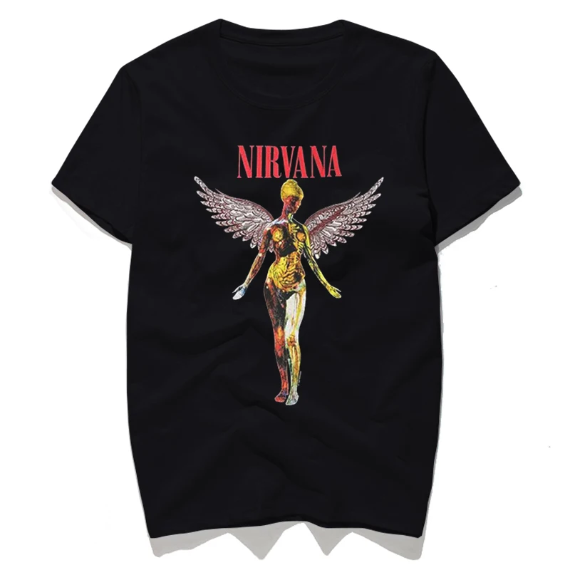 Мужская Уличная футболка NIRVANA черно-белая в стиле хип-хоп с цифровым принтом