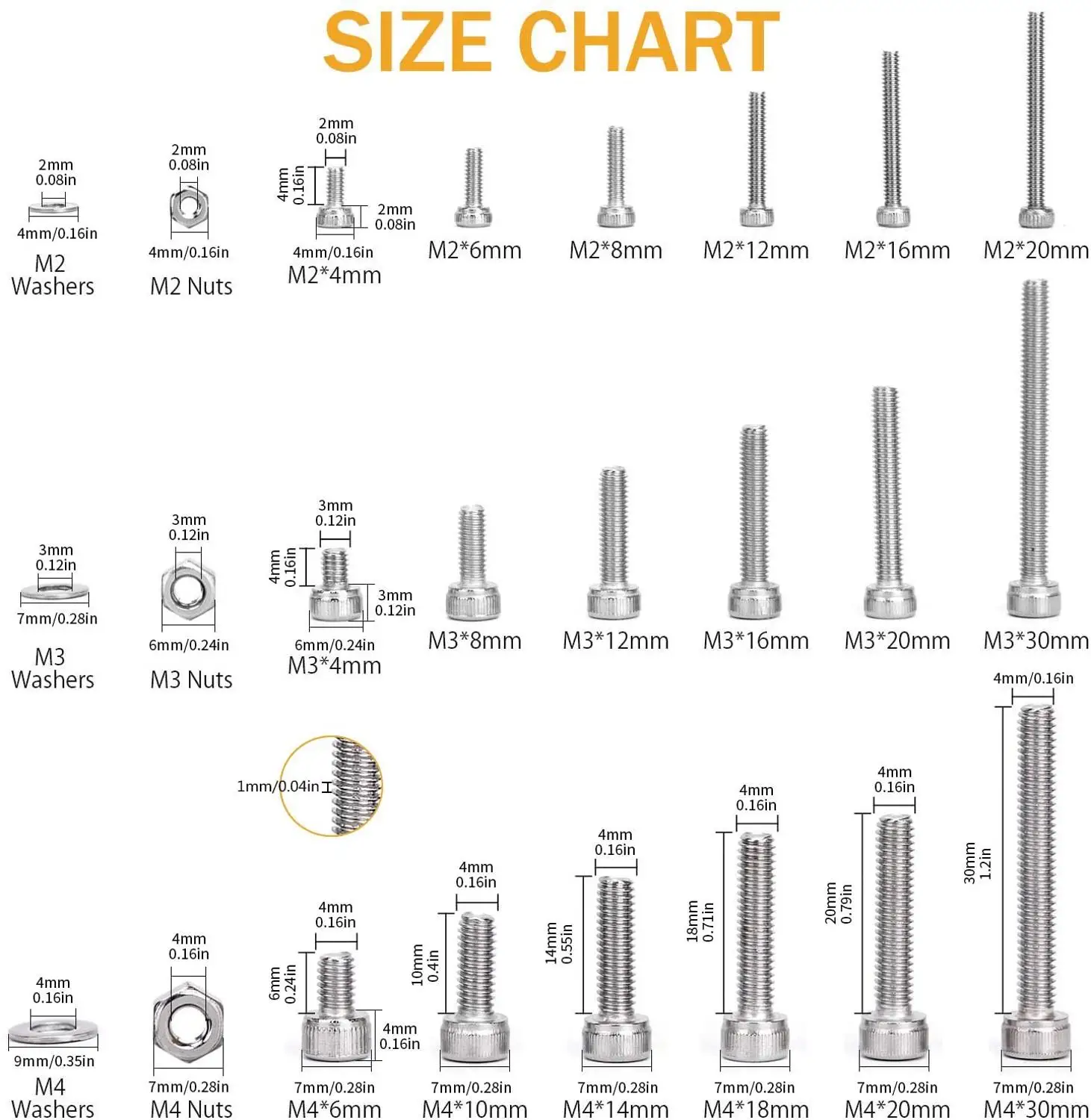 1080Pcs Stainless Steel 304 Fastener Hardware M2/M3/M4 Hexagon Socket Head Cap Screws Flat Washer with 3PCS Nuts Wrench Kit
