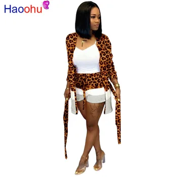 

HAOOHU Leopard Two Piece Set Women Festival Clothing Long Sleeve Cardigan Top and Shorts Fall Matching Suits 2 Piece Outfits