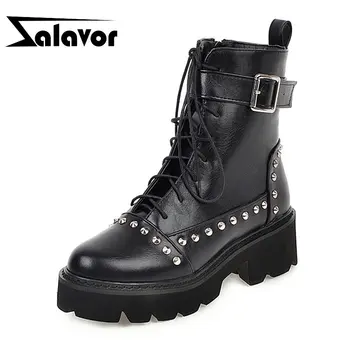 

ZALAVOR Women Ankle Boots Metal Buckle Rivets Gothic Winter Shoes Women Fashion Lace Up Casual Platform Footwear Size 33-43