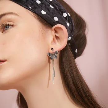 

Korean New Black Crystal Butterfly Pendant Earrings for Woman Trendy Long Fringe Statement Earrings 2019 Jewelry Accessories