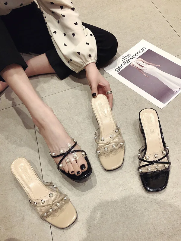 

INS Pearl Slipper Women's 2019 Summer New Style Retro A- line Transparent Chunky-Heel Slippers Versatile Casual Beach