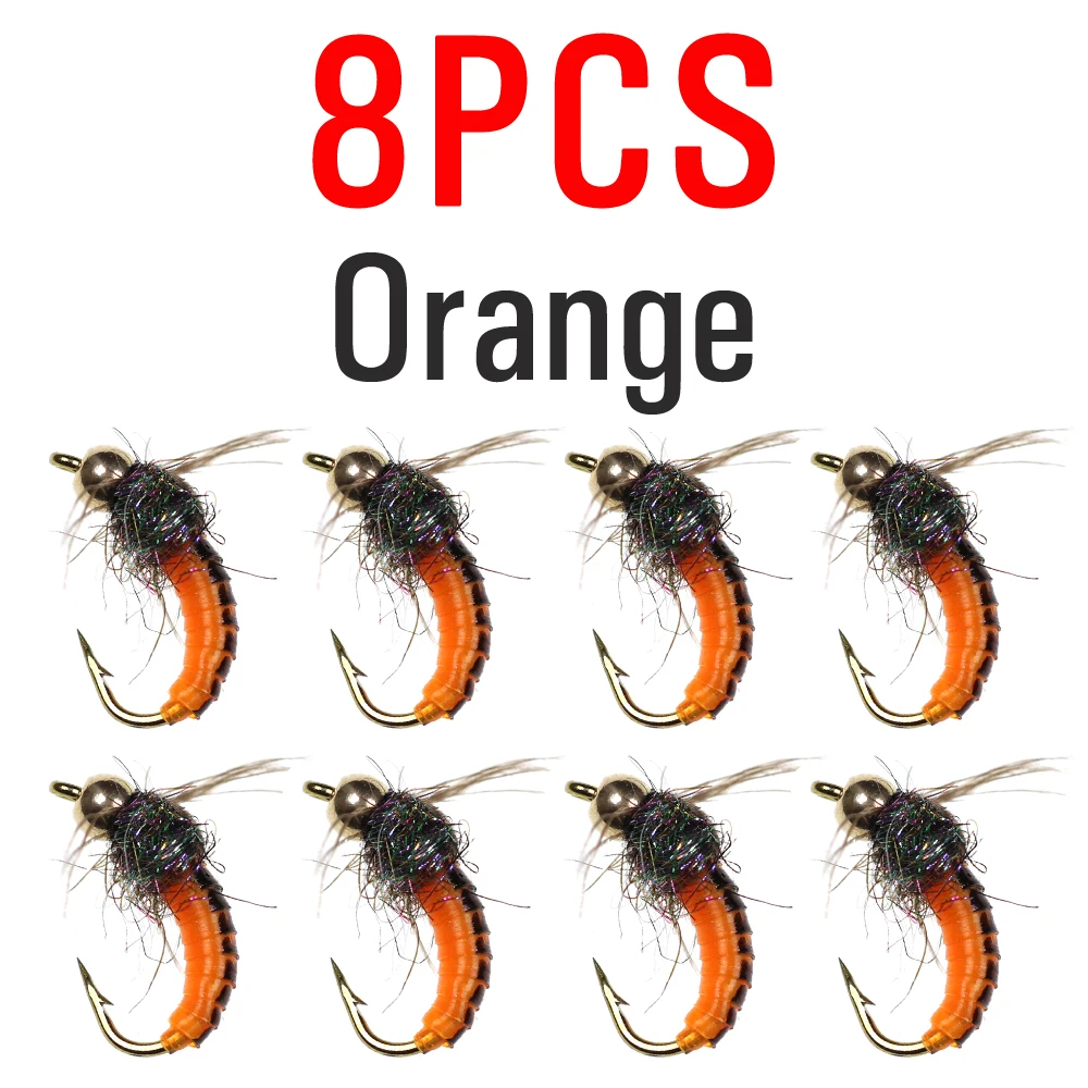 ICERIO 8 шт.#12 латунная бусина голова быстро Тонущая Nymph Scud Жук червь мухи форель нахлыстом приманка для рыбалки - Цвет: 8pcs Orange Color