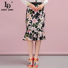 LD Linda della мода взлетно-посадочной полосы осенняя юбка фасона "Русалка" Для женщин с цветочным принтом Раффлед Высокая талия Элегантный Винтаж юбка миди