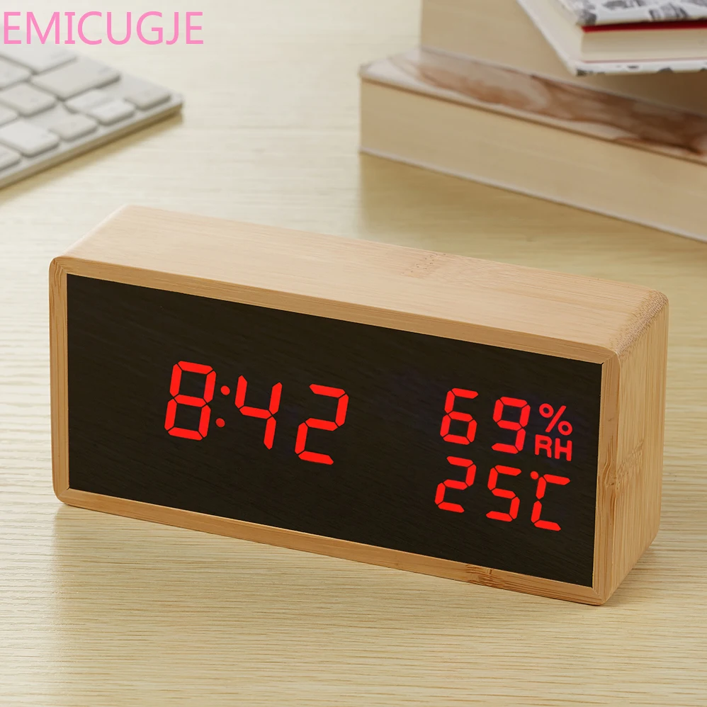 

Electronic Desktop Digital Table Clocks Modern Sound Control LED Alarm Clock Wooden Watch Despertador Temperature Humidity