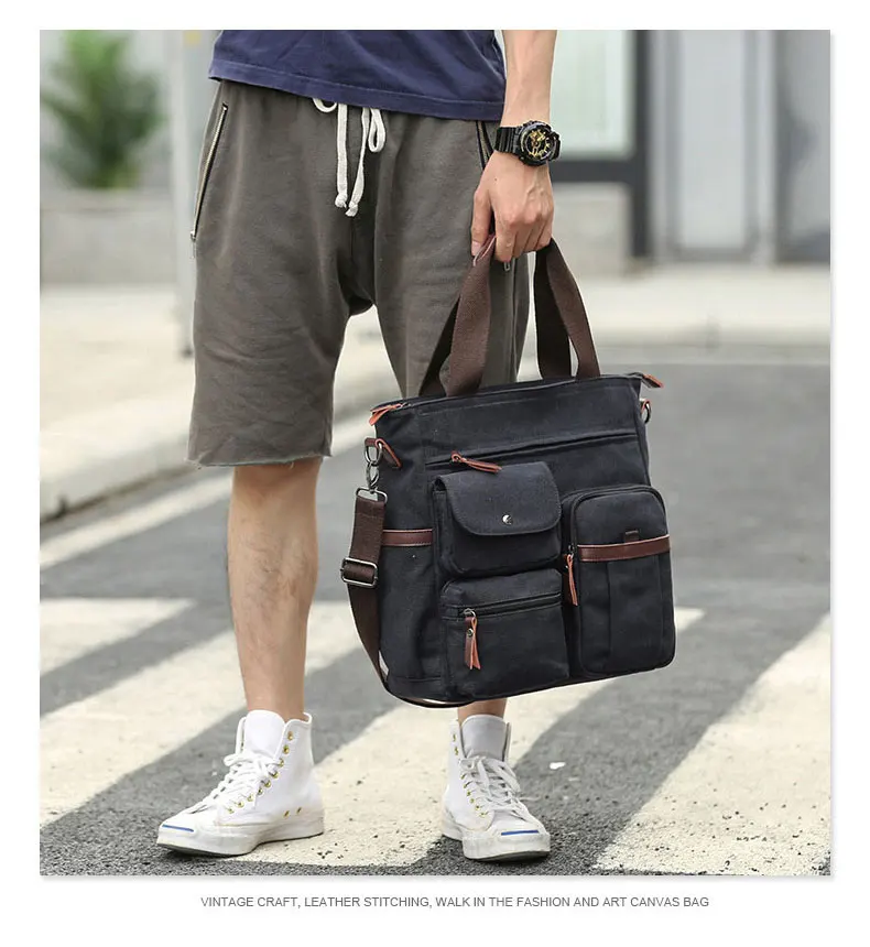 Casual versatile canvas bag with men's fashion items including clothing, jackets, suits, shorts, shoes, big watches, oversized zip hoodies, and streetwear14