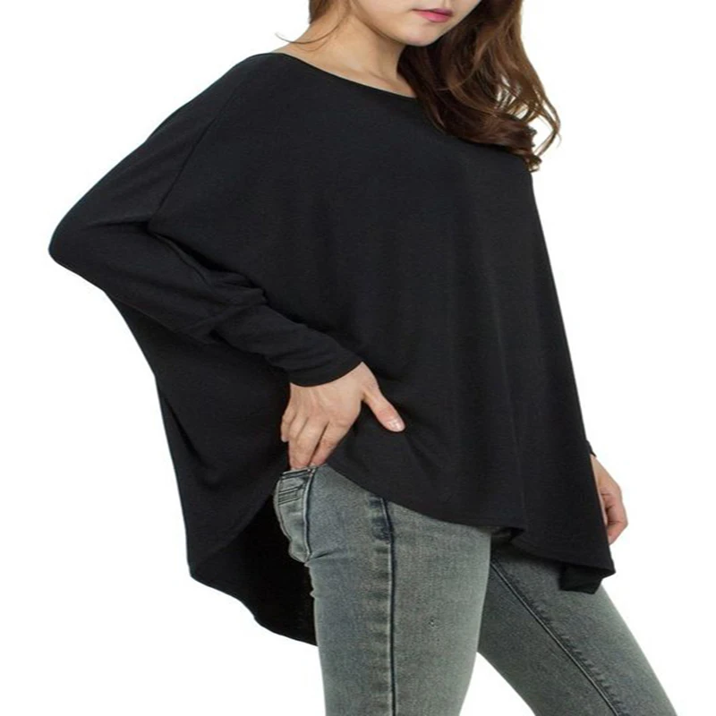 

2019 New Ladies Personality Irregular Hem Long-Sleeved T-Shirt Loose Batwing Women'S O-Neck Large Size Cotton T-Shirt Top 0383