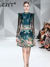 

Runway Fashion 2022 Spring New Ladies Long Sleeve Ruffles Lace Patchwork Print Floral Dress Women Elegant Empire Party Vestidos